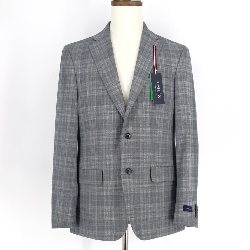 Tommy Hilfiger Men's Grey/Blue Plaid Conrad Modern-Fit Suit Blazer Size 38S